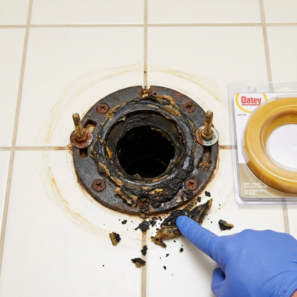 Failed wax ring showing water seepage at the base of a toilet in a Sterling, MA home