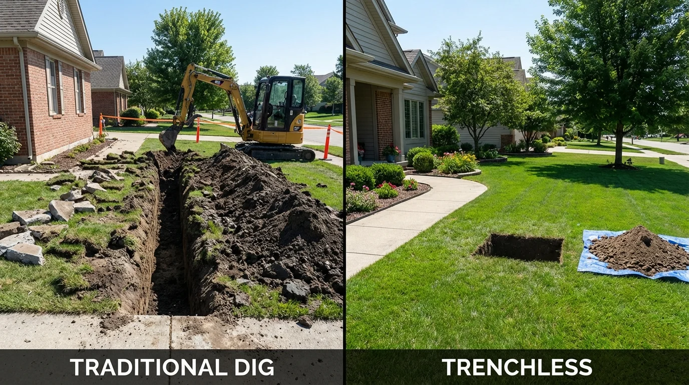 Trenchless sewer repair with minimal yard damage versus traditional excavation in Sterling, MA